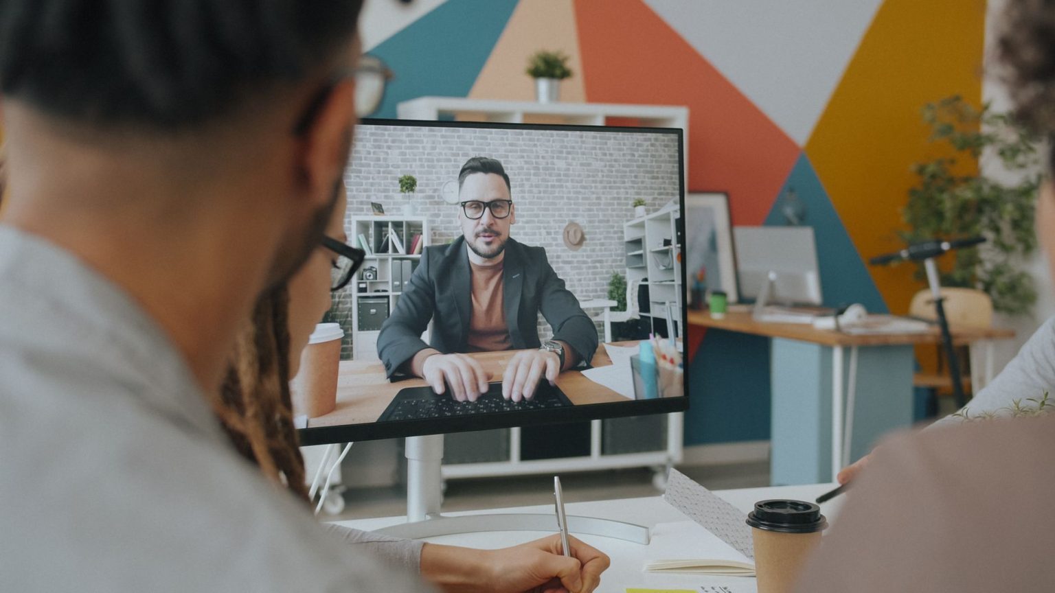 Equipe participa de uma videoconferência em um escritório colorido, com um colega exibido na tela do computador.