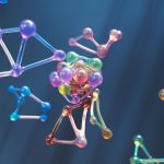 Representação abstrata e colorida de estruturas moleculares formadas por esferas e conexões.