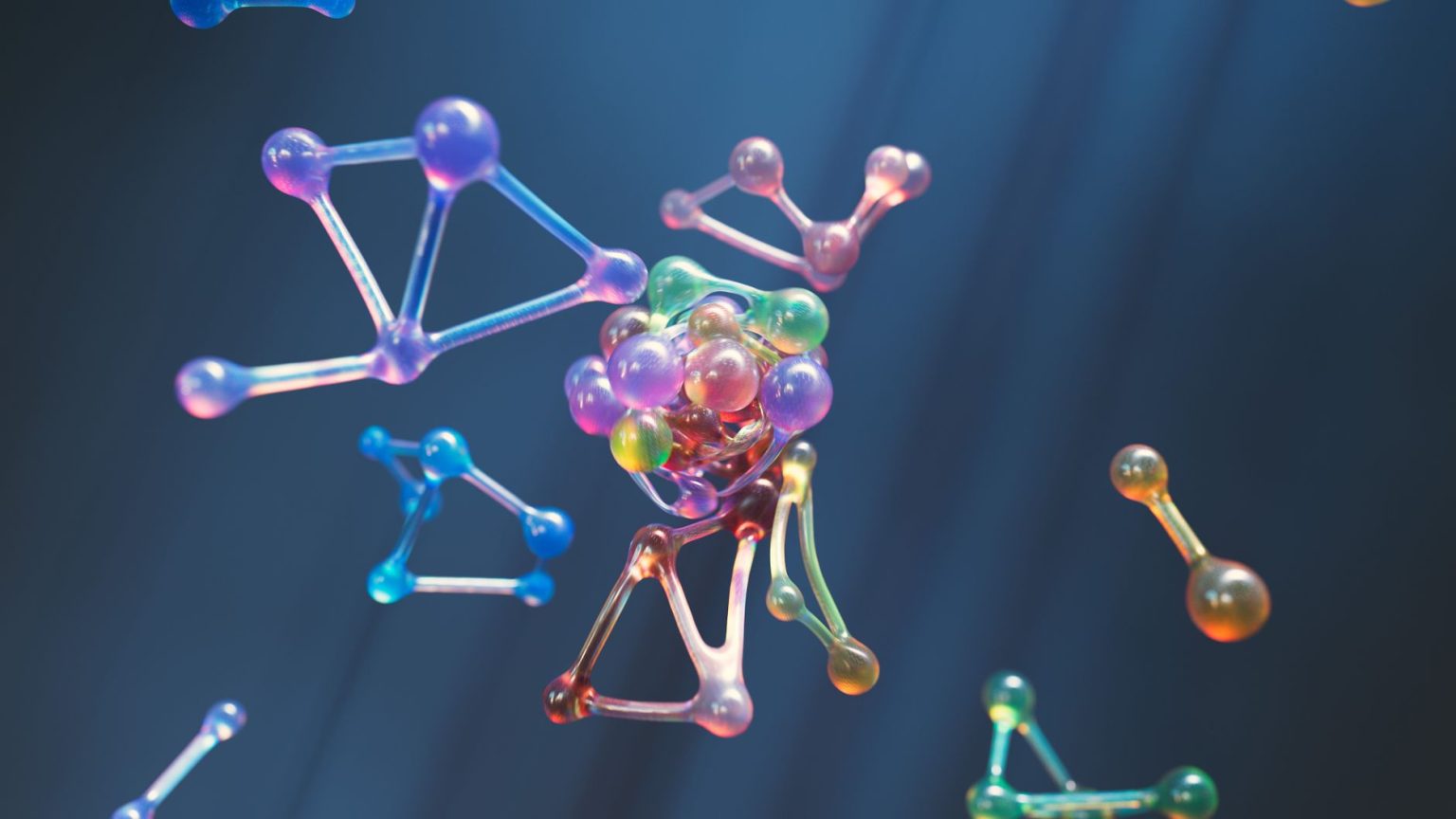 Representação abstrata e colorida de estruturas moleculares formadas por esferas e conexões.