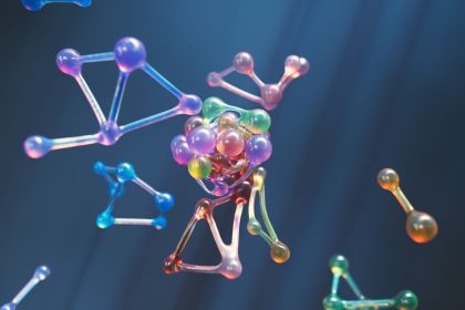 Representação abstrata e colorida de estruturas moleculares formadas por esferas e conexões.