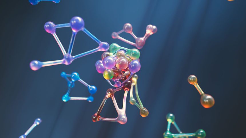 Representação abstrata e colorida de estruturas moleculares formadas por esferas e conexões.