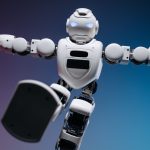 Robô humanoide em movimento durante uma demonstração de robótica.