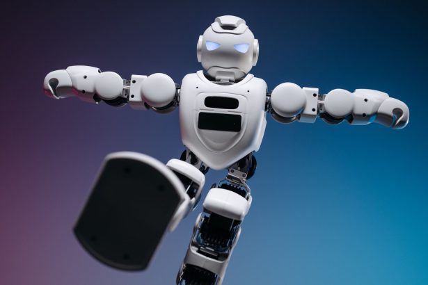 Robô humanoide em movimento durante uma demonstração de robótica.