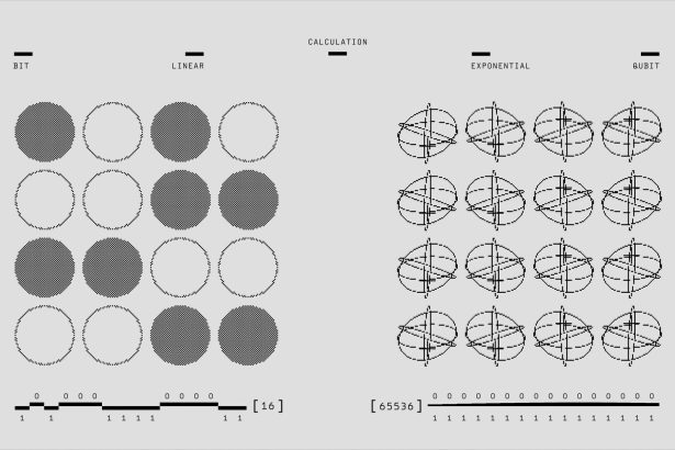 Padrões geométricos e binários em preto e branco representam cálculos com bits e qubits.