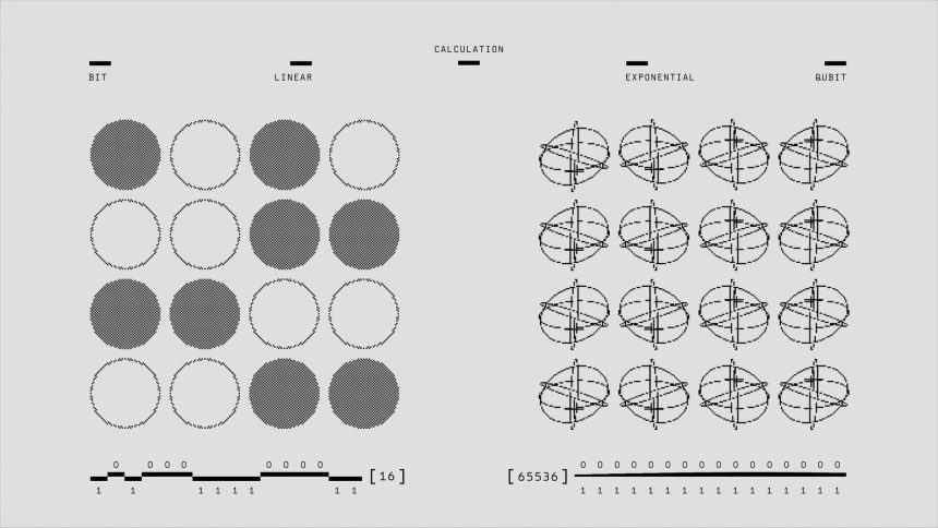 Padrões geométricos e binários em preto e branco representam cálculos com bits e qubits.