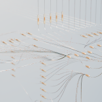 Visualização tridimensional abstrata de conexões de uma rede neural em um ambiente digital