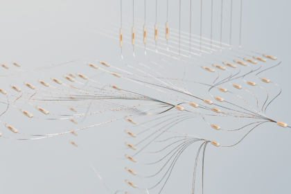 Visualização tridimensional abstrata de conexões de uma rede neural em um ambiente digital