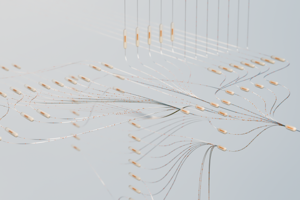 Visualização tridimensional abstrata de conexões de uma rede neural em um ambiente digital