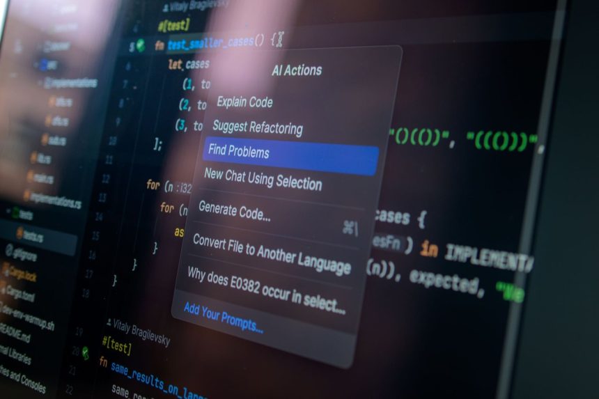 Tela de computador exibe código e opções de ações de inteligência artificial para desenvolvimento de software.