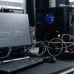 Estação de trabalho com monitor exibindo código, torre de computador e periféricos sobre uma mesa.